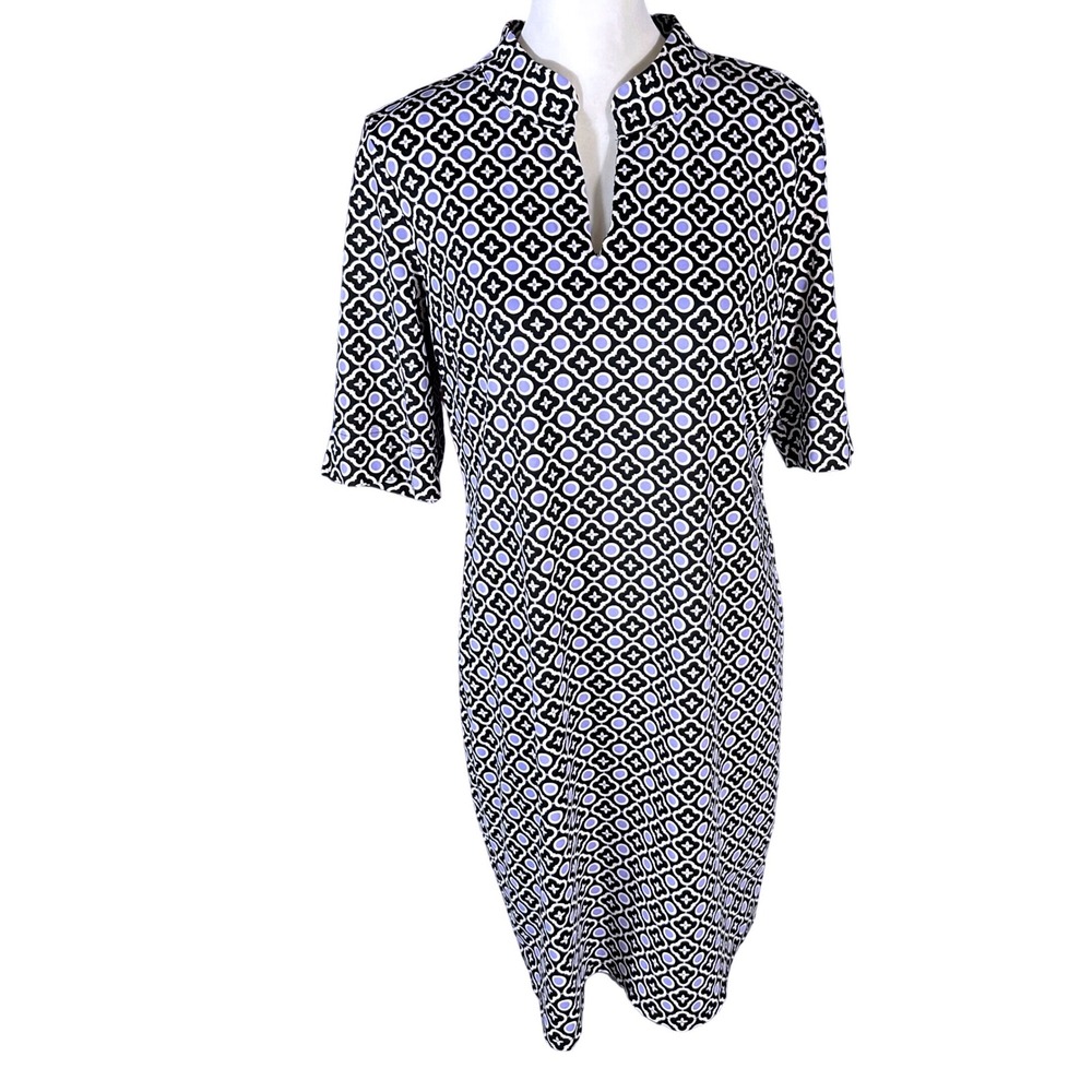 Talbots Sheath Dress Women L Black Lavender Geometric Medallion Split Neck